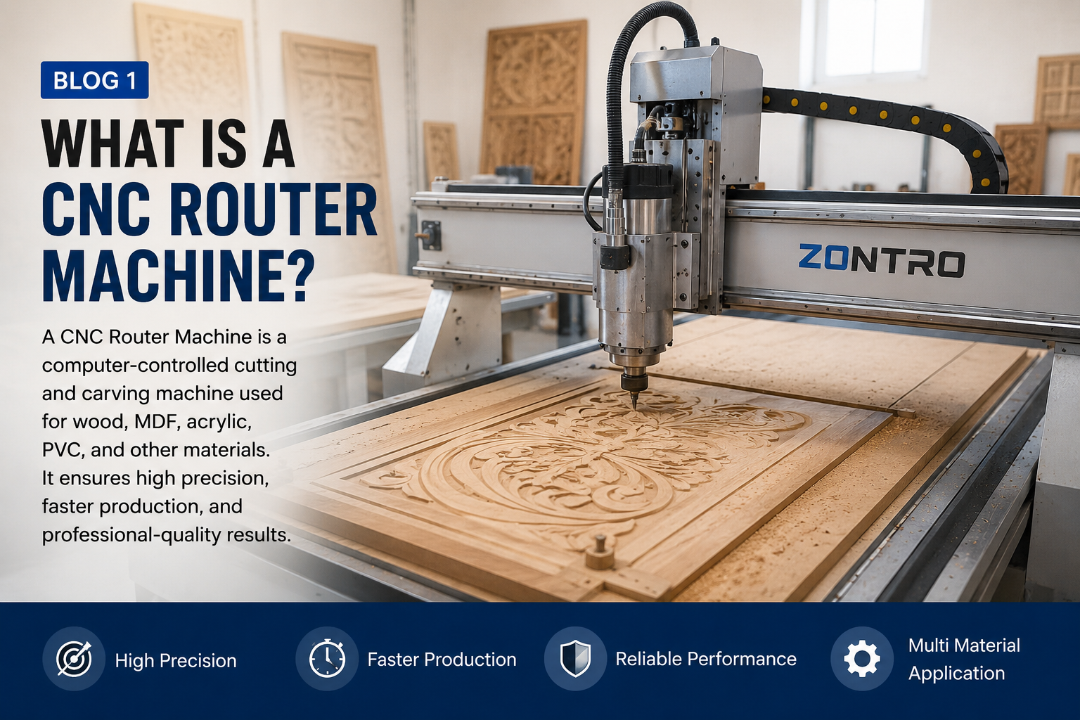 A CNC Router Machine is a computer-controlled cutting and carving machine used for wood, MDF, acrylic, PVC, and other materials. It ensures high precision, faster production, and professional-quality results.